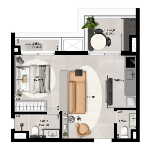 Planta 1 dormitório – opção de planta 46 m²