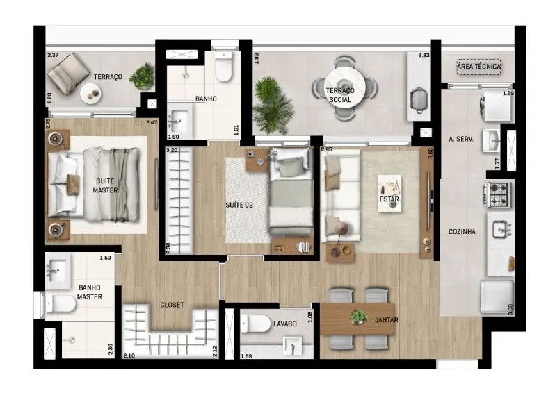 Planta 2 dormitórios 73 m²