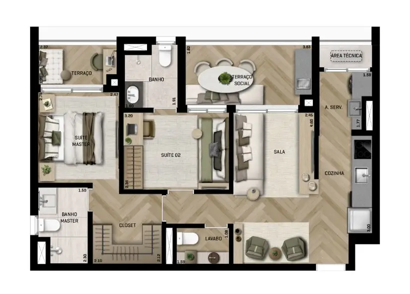 Planta 2 dormitórios – opção de planta 73 m²