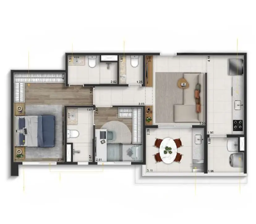 Planta 2 dormitórios 73 m²