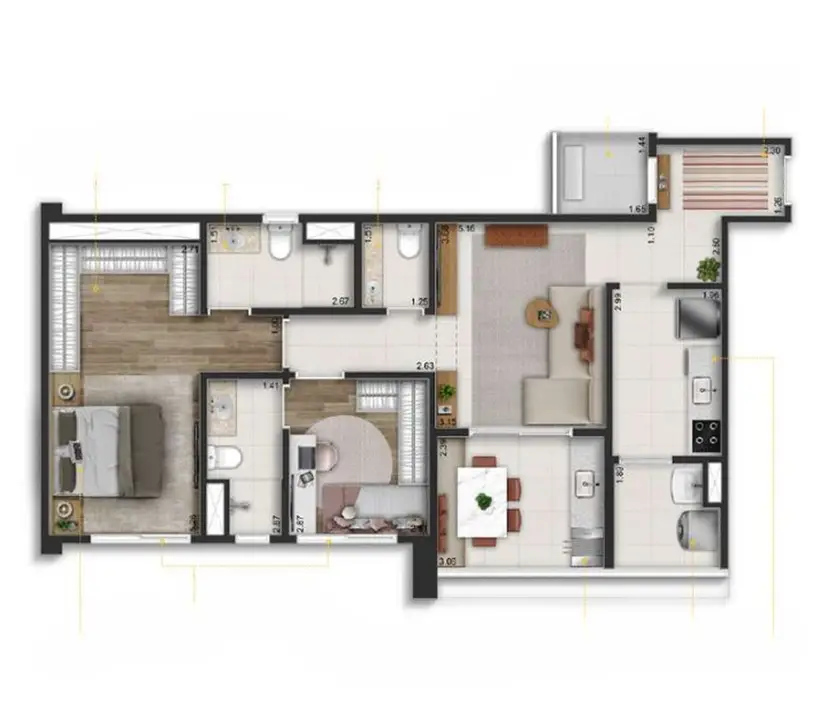 Planta 2 dormitórios 80 m²