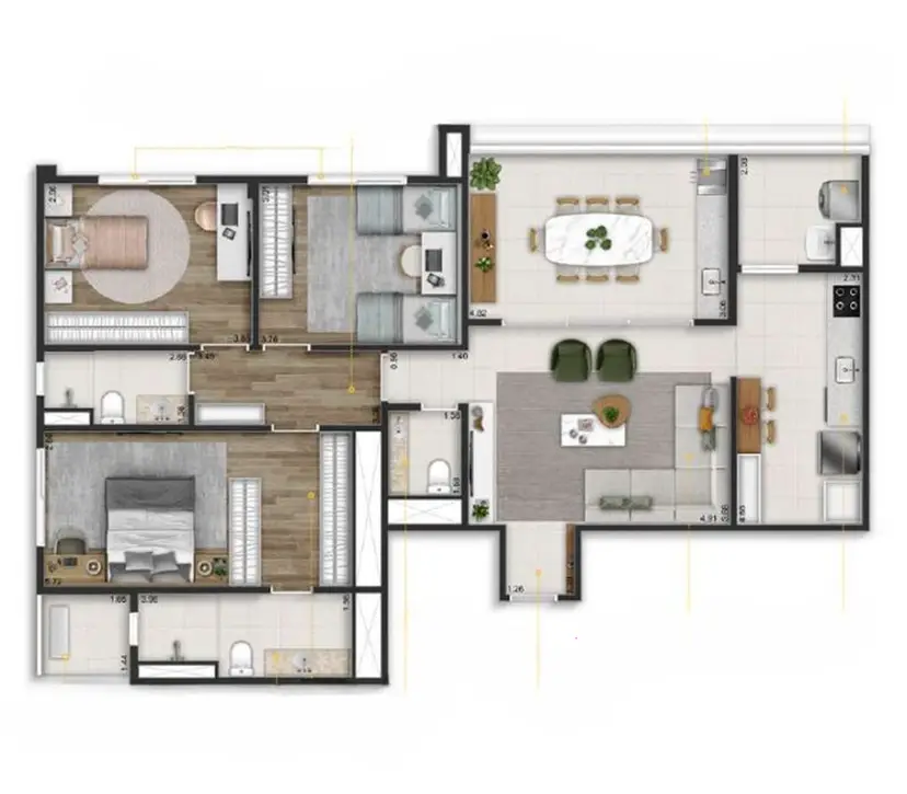 Planta 3 dormitórios 122 m²