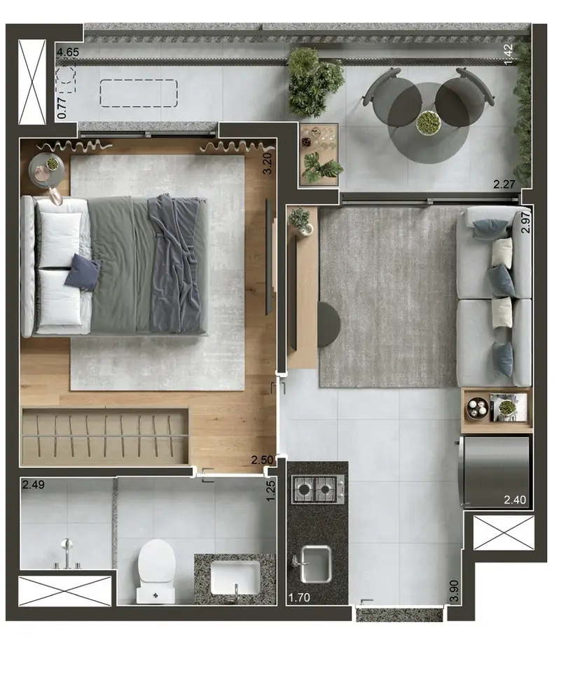 Planta 1 dormitório 29 m²