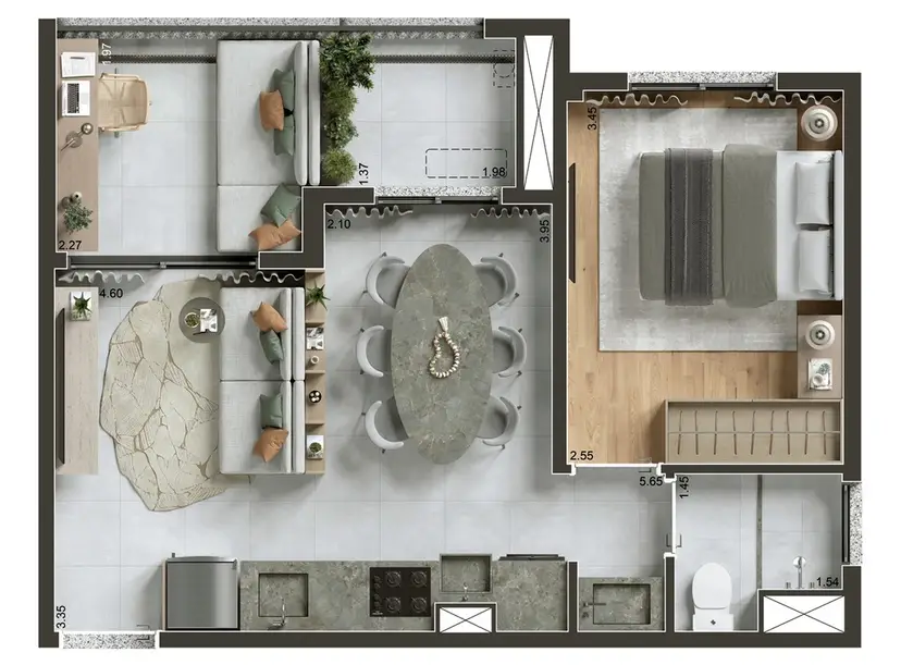 Planta 1 dormitório – opção de planta 42 m²