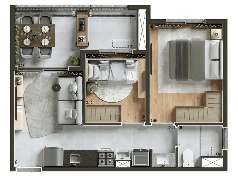 Planta 2 dormitórios 42 m²