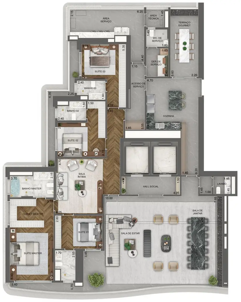 Planta 4 dormitórios 348 m²