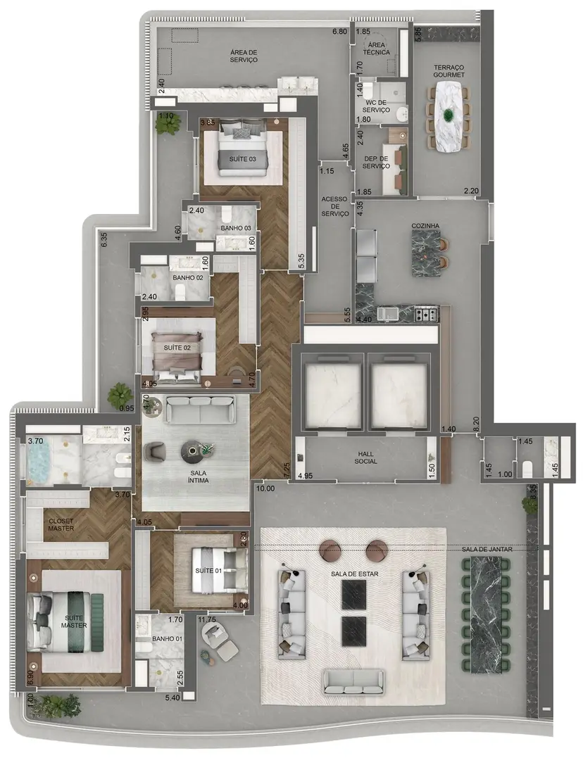 Planta 4 dormitórios 372 m²