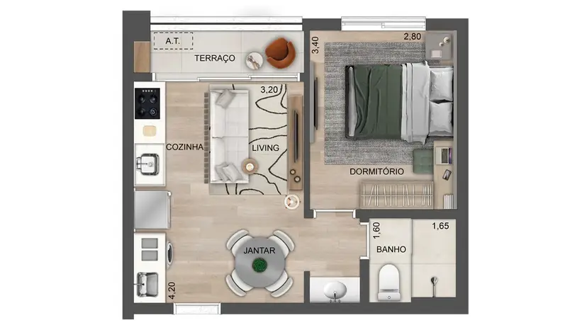 Planta 1 dormitório 35 m²