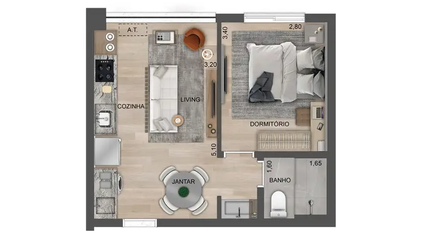 Planta 1 dormitório – opção de planta 35 m²