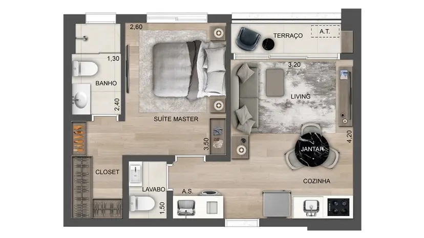 Planta 1 dormitório 42 m²