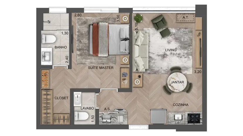 Planta 1 dormitório – opção de planta 42 m²