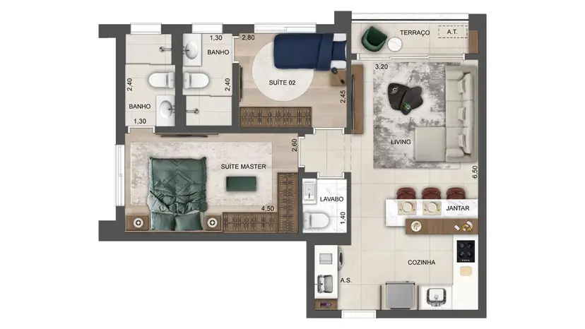 Planta 2 dormitórios 62 m²