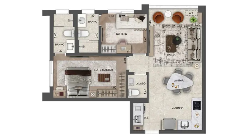 Planta 2 dormitórios – opção de planta 62 m²