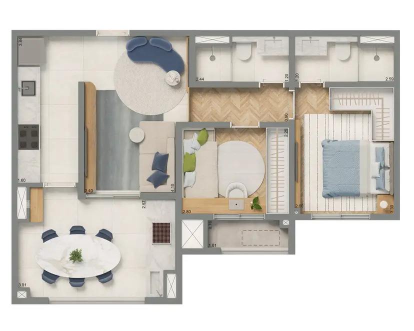 Planta 2 dormitórios 61 m²