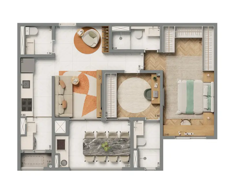 Planta 2 dormitórios 69 m²
