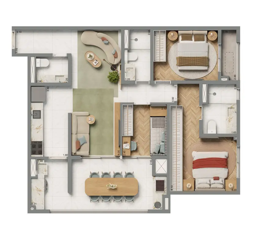 Planta 3 dormitórios 87 m²