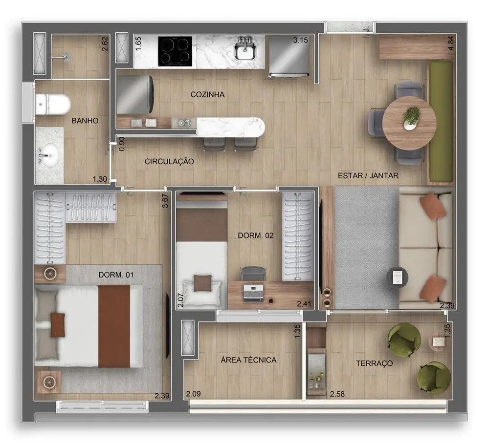 Planta 2 dormitórios 53 m²