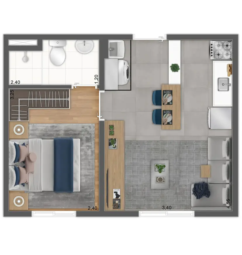 Planta 1 dormitório 29,22 m²