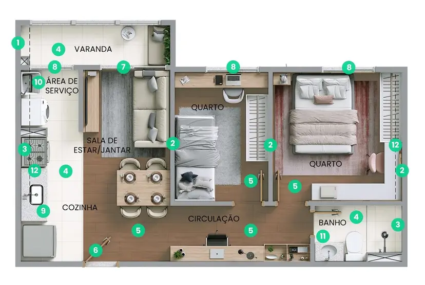 Planta 2 dormitórios 42,40 m²