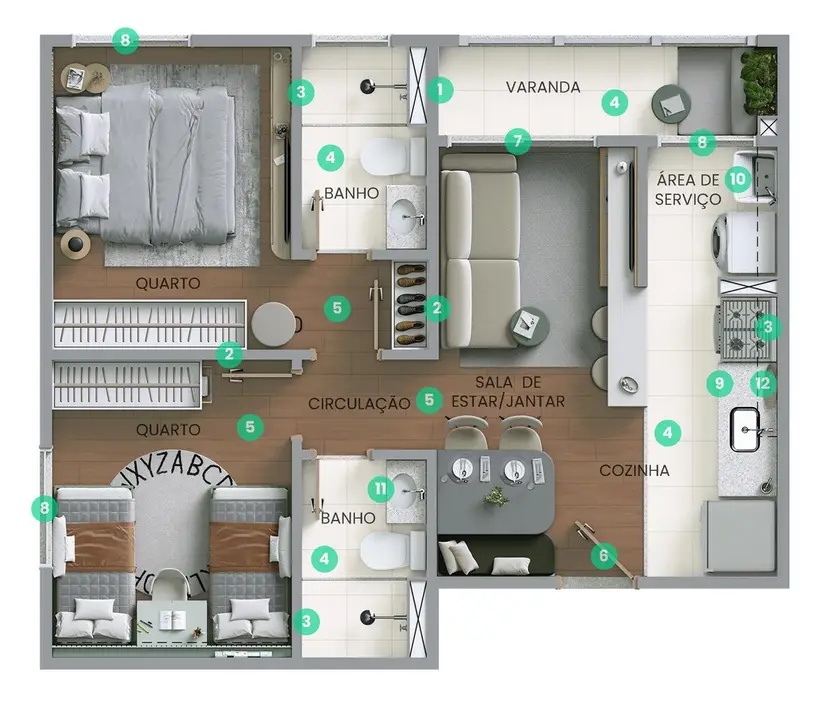 Planta 2 dormitórios 43,83 m²