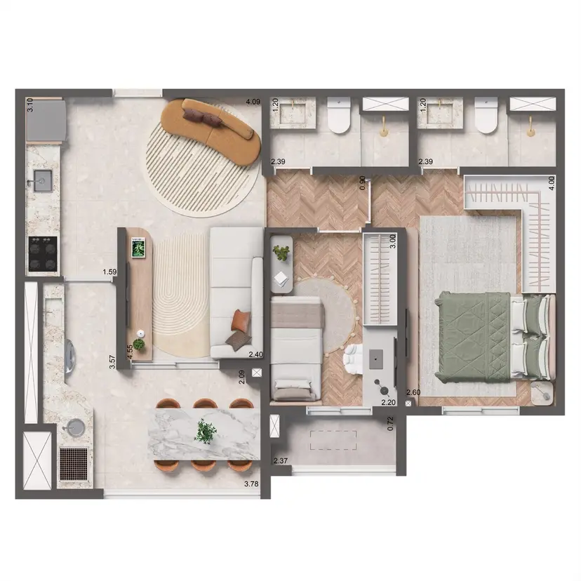 Planta 2 dormitórios 60 m²