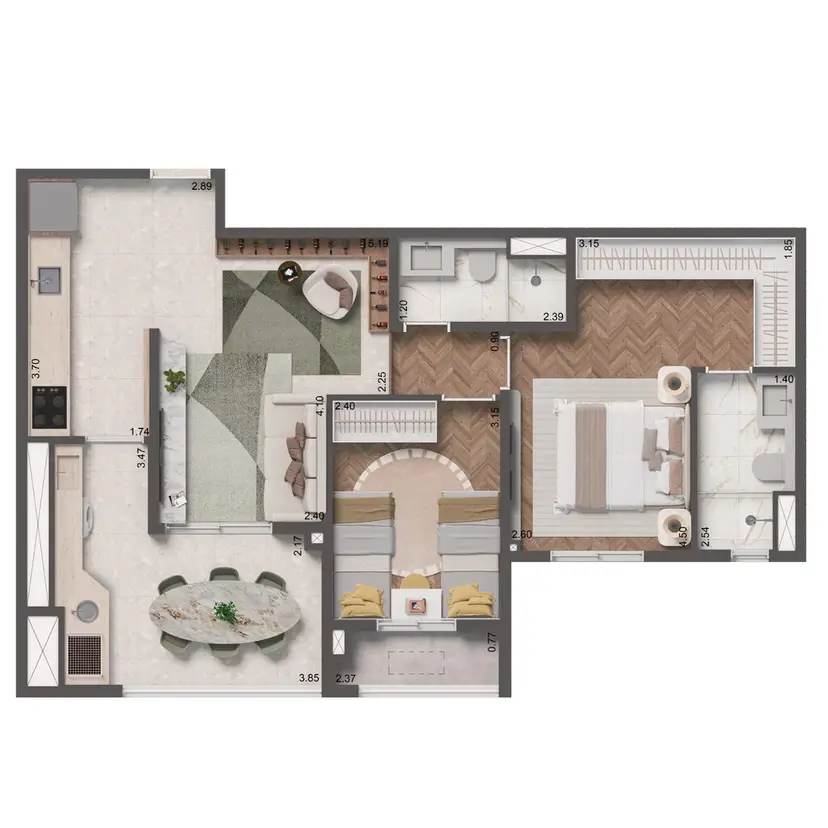 Planta 2 dormitórios 69 m²