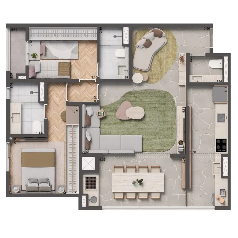 Planta 2 dormitórios 84 m²