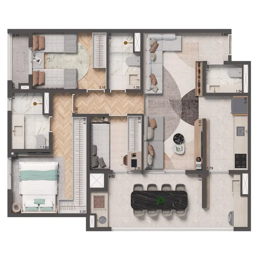 Planta 3 dormitórios – opção de planta 84 m²