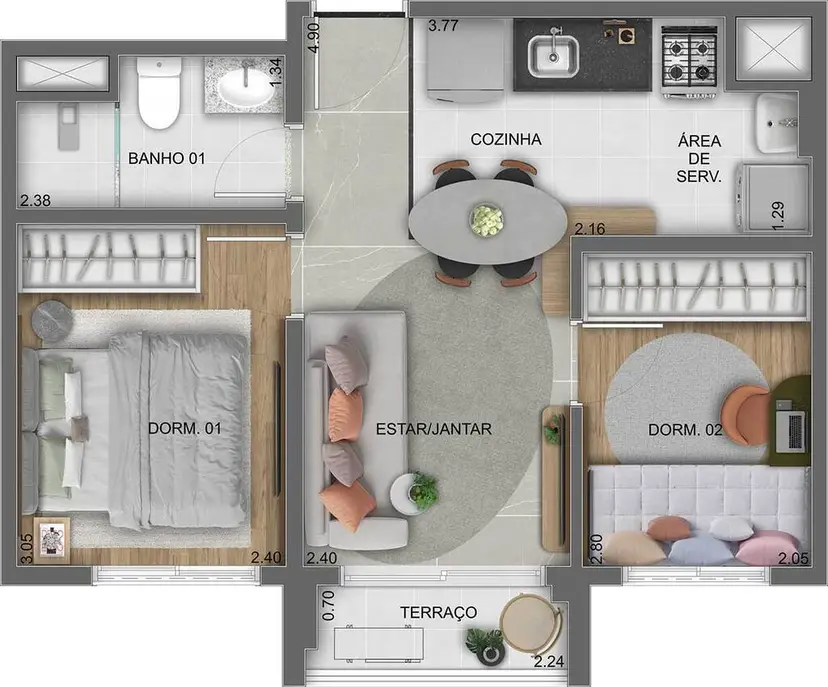 Planta 2 dormitórios 38 m²