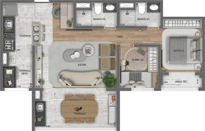 Planta 2 dormitórios – opção de planta 69 m²