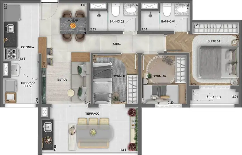 Planta 3 dormitórios 69 m²