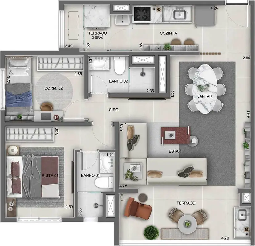 Planta 2 dormitórios – opção de planta 71 m²