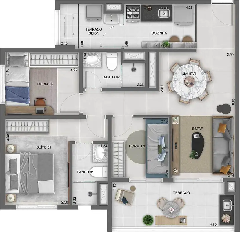 Planta 3 dormitórios 71 m²