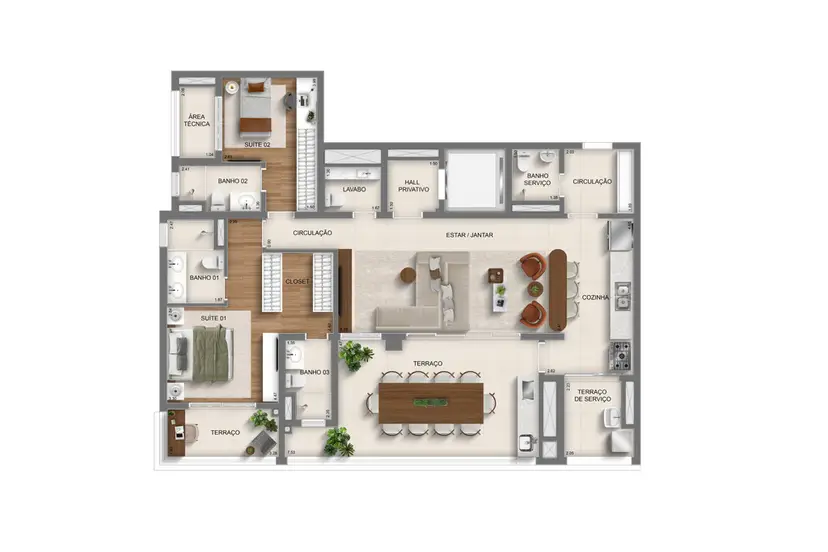 Planta 2 dormitórios – opção de planta 136 m²
