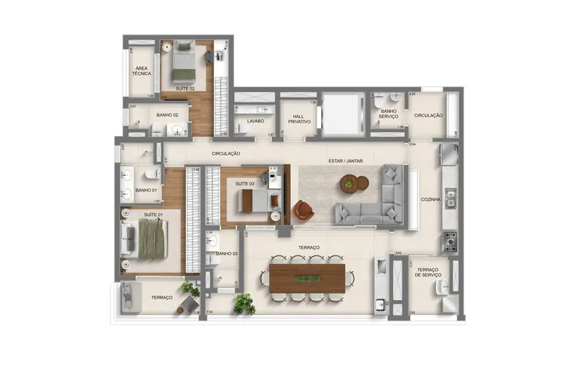Planta 3 dormitórios 136 m²