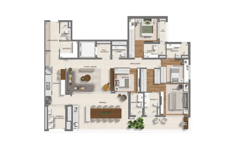 Planta 4 dormitórios 179 m²