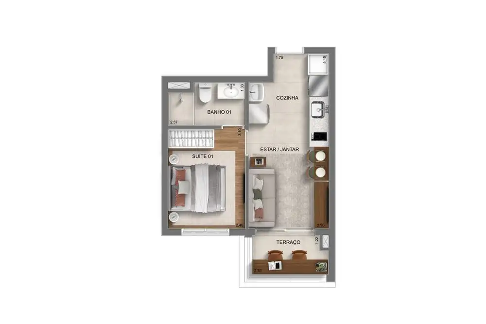 Planta 1 dormitório 30 m²