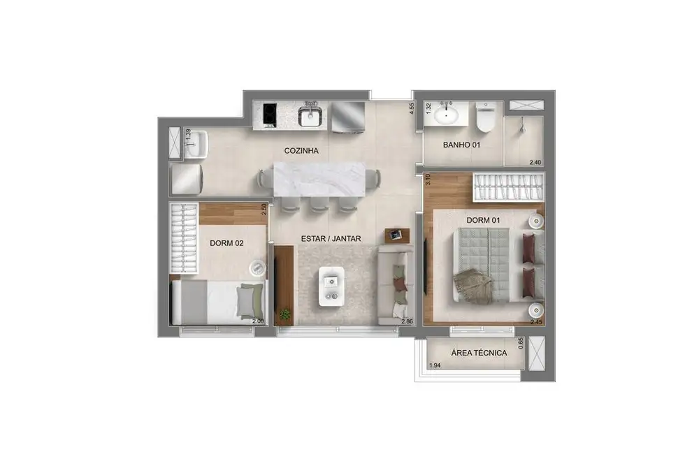 Planta 2 dormitórios 40 m²
