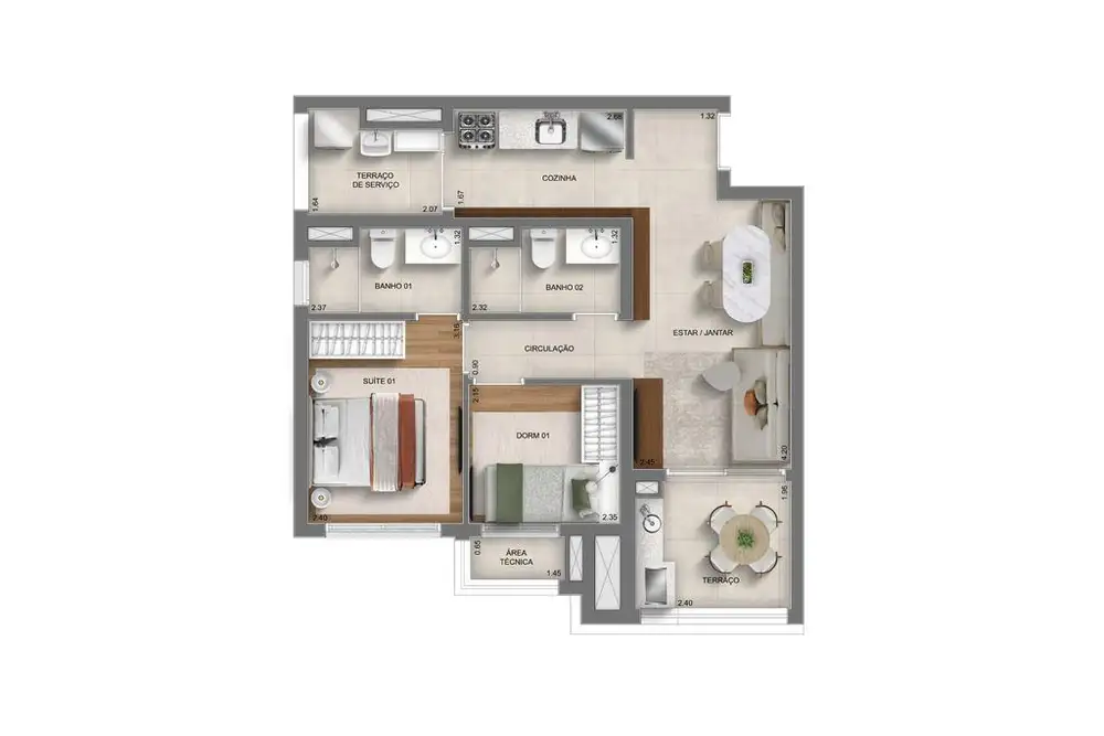 Planta 2 dormitórios 57 m²