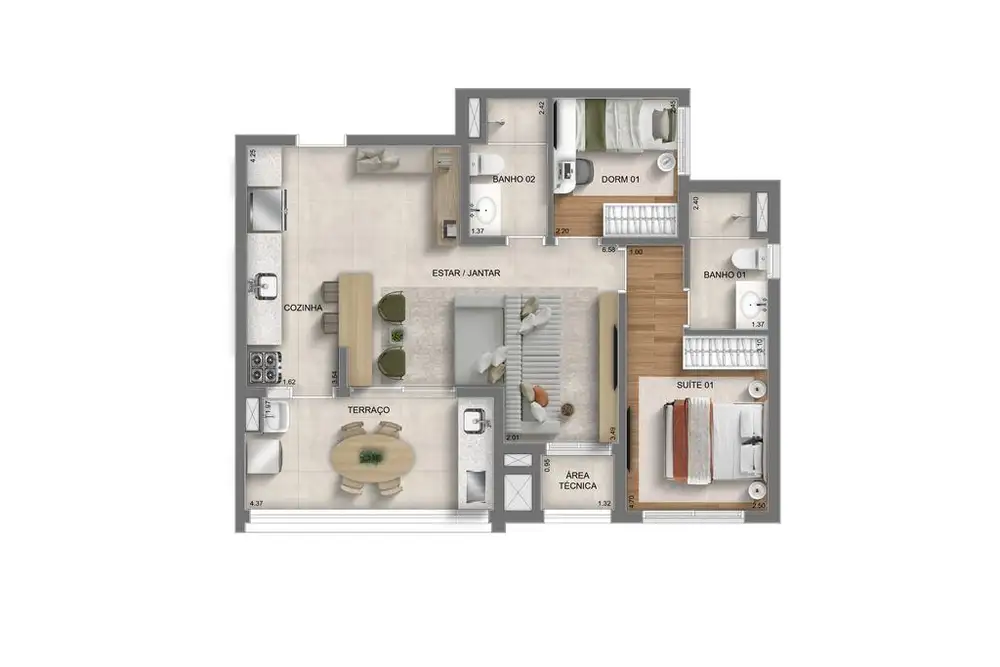 Planta 2 dormitórios – opção de planta 66 m²