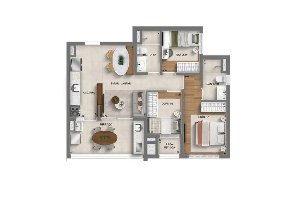 Planta 3 dormitórios 66 m²