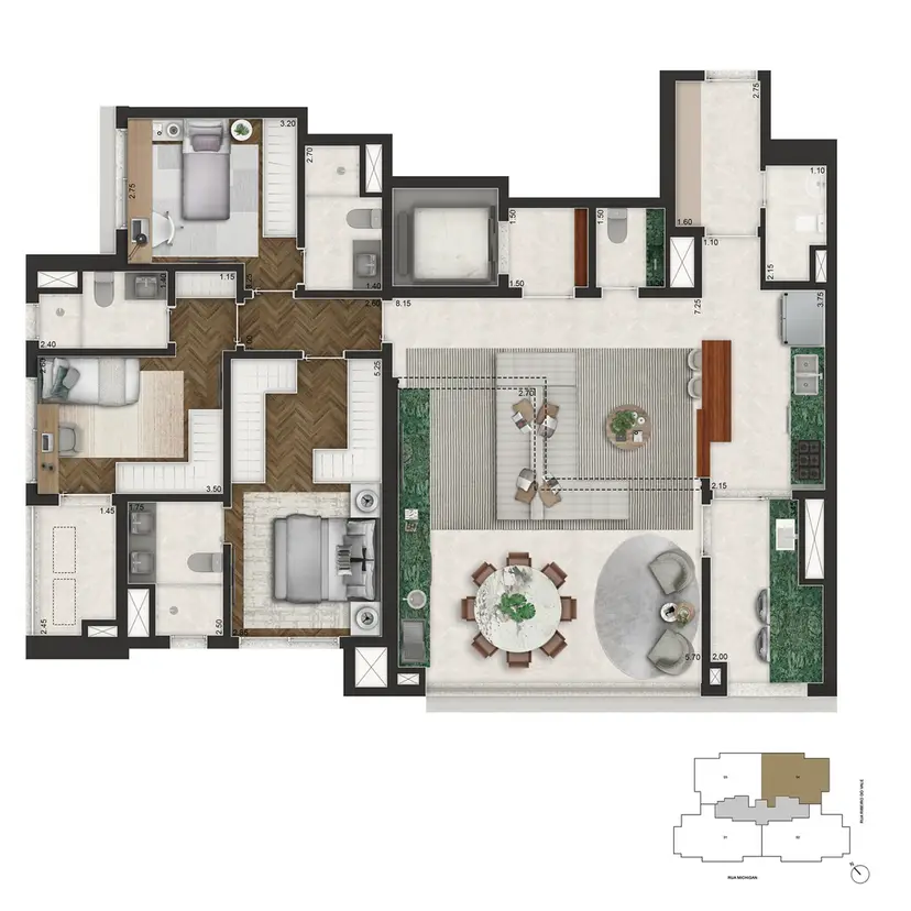 Planta 3 dormitórios 145 m²