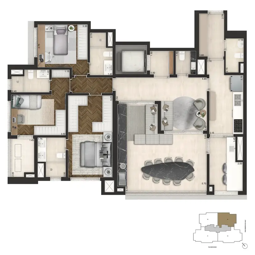 Planta 3 dormitórios 145 m²