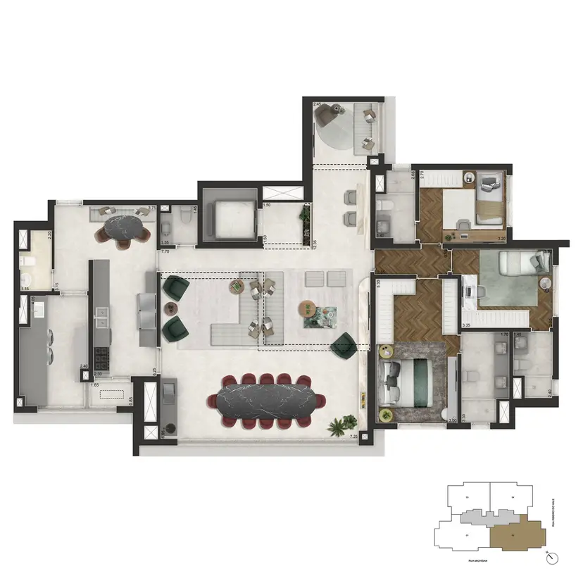 Planta 3 dormitórios 178 m²