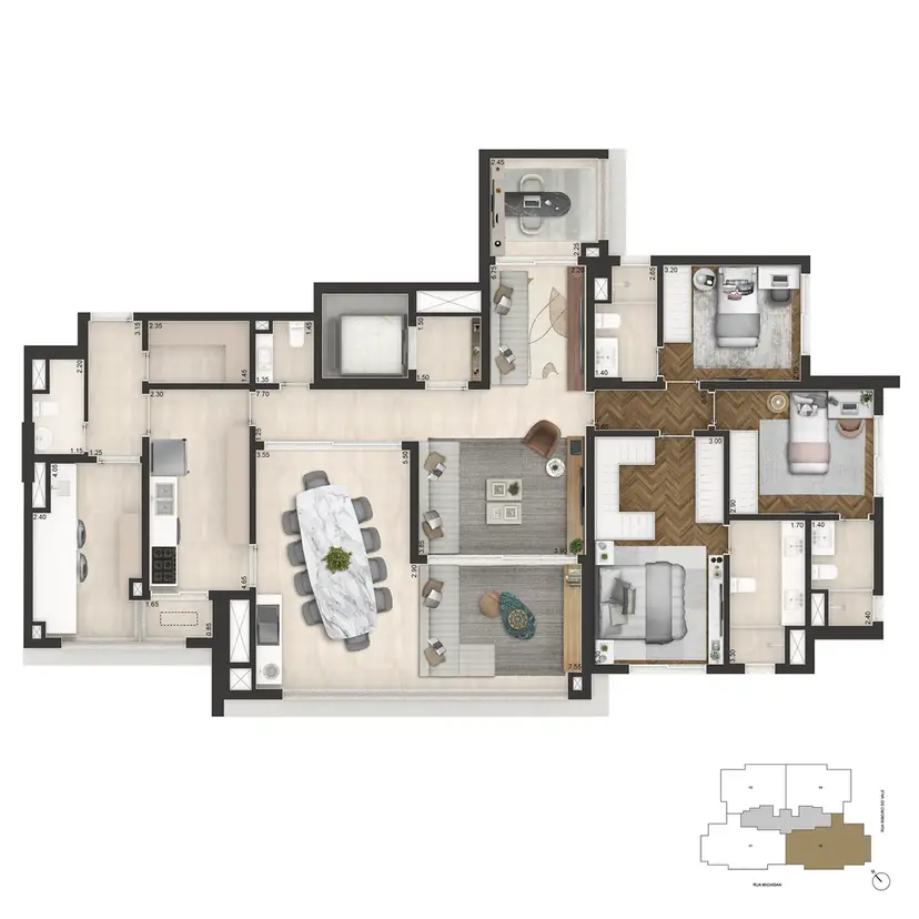 Planta 3 dormitórios 178 m²