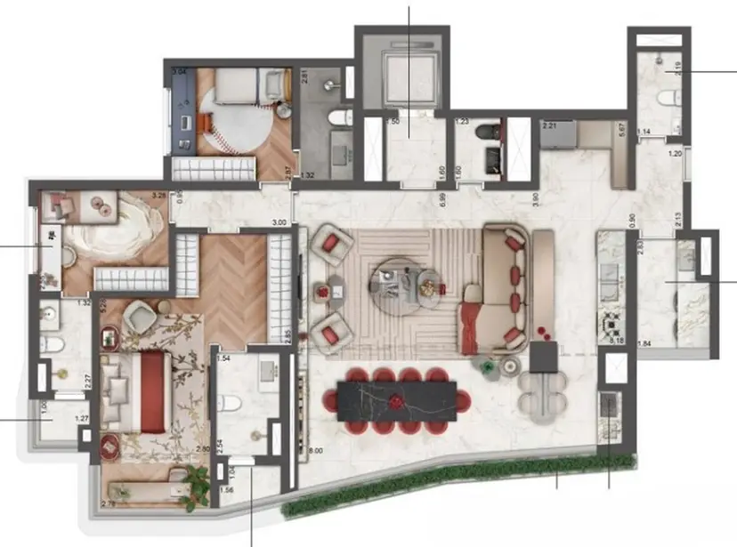 Planta 4 dormitórios 156 m²