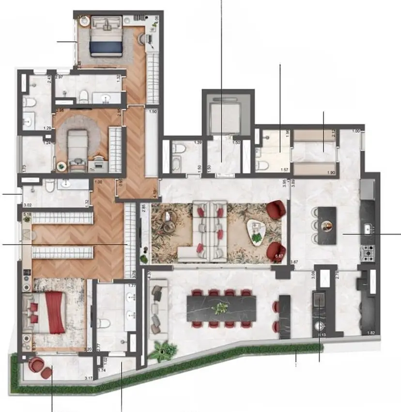 Planta 4 dormitórios 203 m²