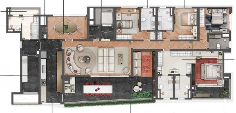 Planta 4 dormitórios 264 m²