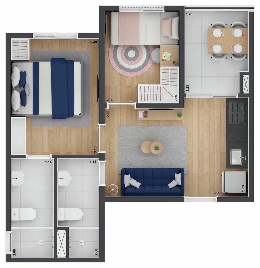Planta 2 dormitórios 37,72 m²