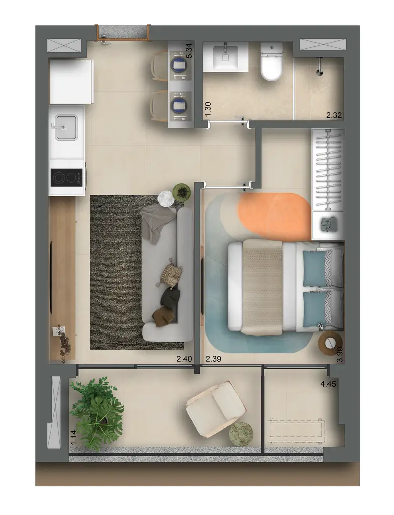 Planta 1 dormitório 38 m²